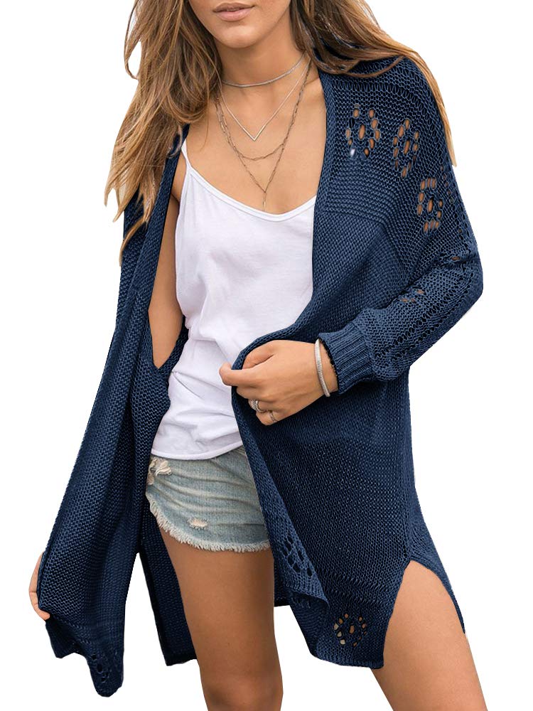 Misassy Womens Open Front Knit Sheer Cardigans Summer Boho Lightweight Long Sleeve Kimono Long Sweater Navy Blue - Image 1